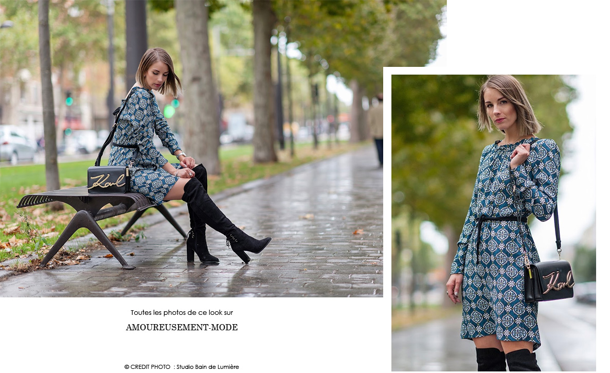 Look parisienne romantique et retro 70 robe et cuissardes - Blogueuse mode Amoureusement-mode.com - Myphilosophy boutique createur de mode equitable a Paris